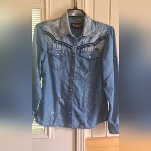 ROAR Distressed Western Cowgirl Blue Embroidered Rhinestone Shirt "Read" XL